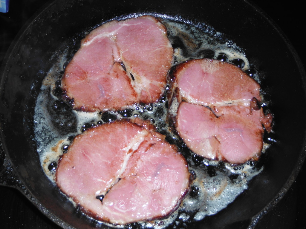 With a bit of butter, I started browning the ham for my breakfast. YUM!