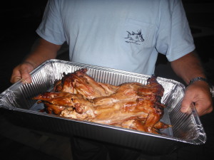 A tray full of tasy goodness - Smoked Rabbit that is Golden Brown and Delicious.