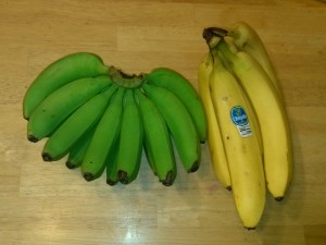 Home grown, local bananas on the left, store bought on the right