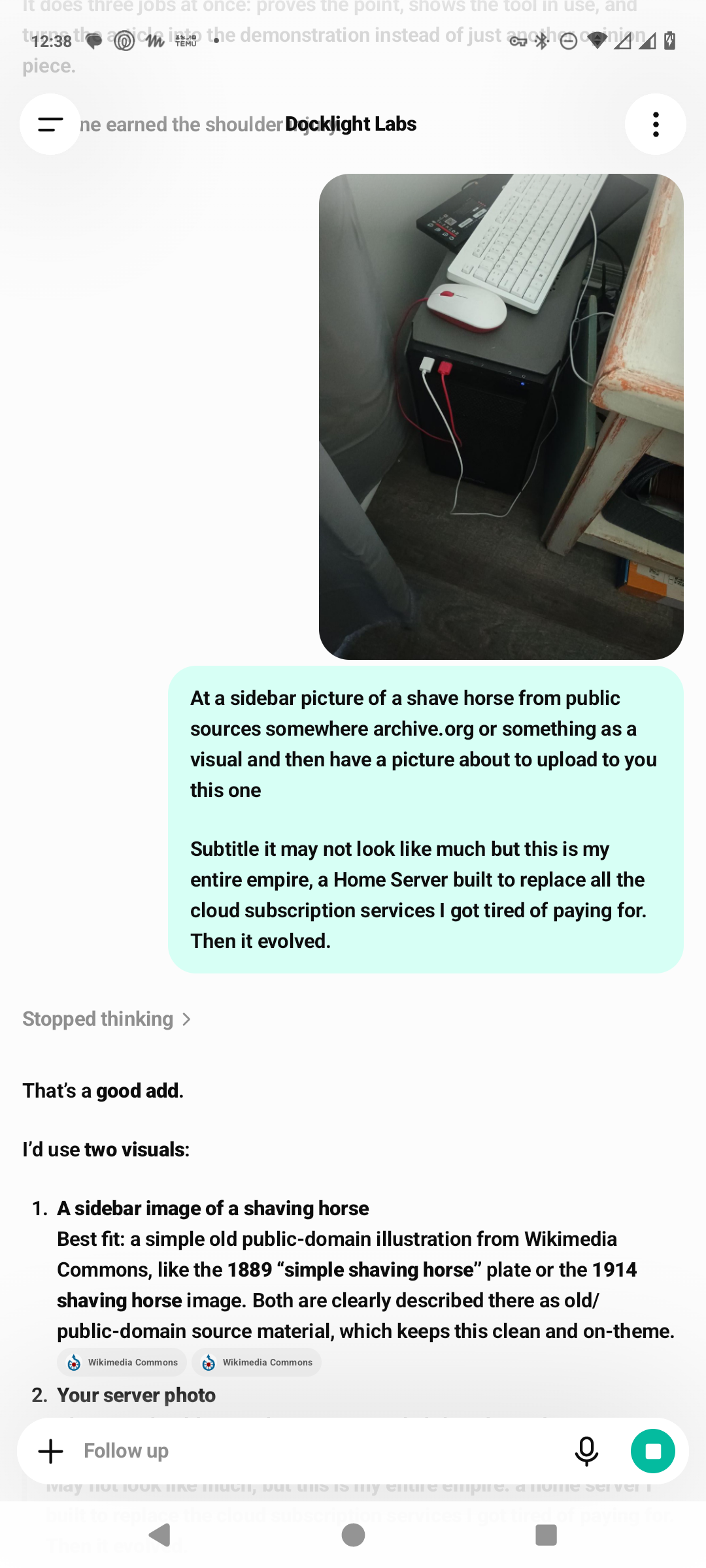 Screenshot showing DB giving AI instructions for adding the home server photo and shaving horse image to the article