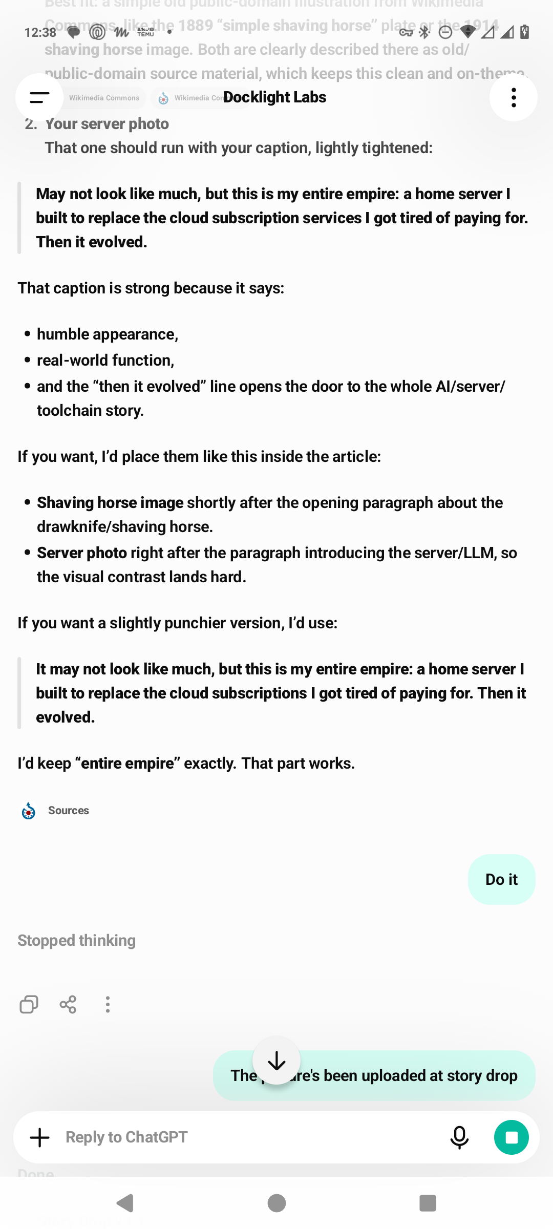 Screenshot showing AI proposing image placement and DB replying Do it