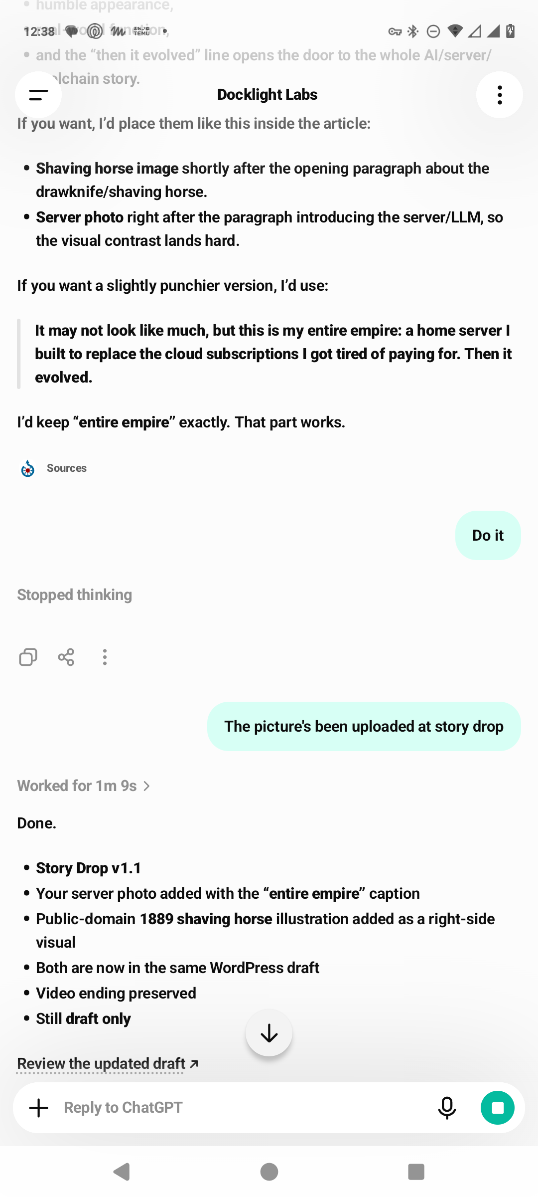 Screenshot showing Story Drop workflow completion and the updated WordPress draft