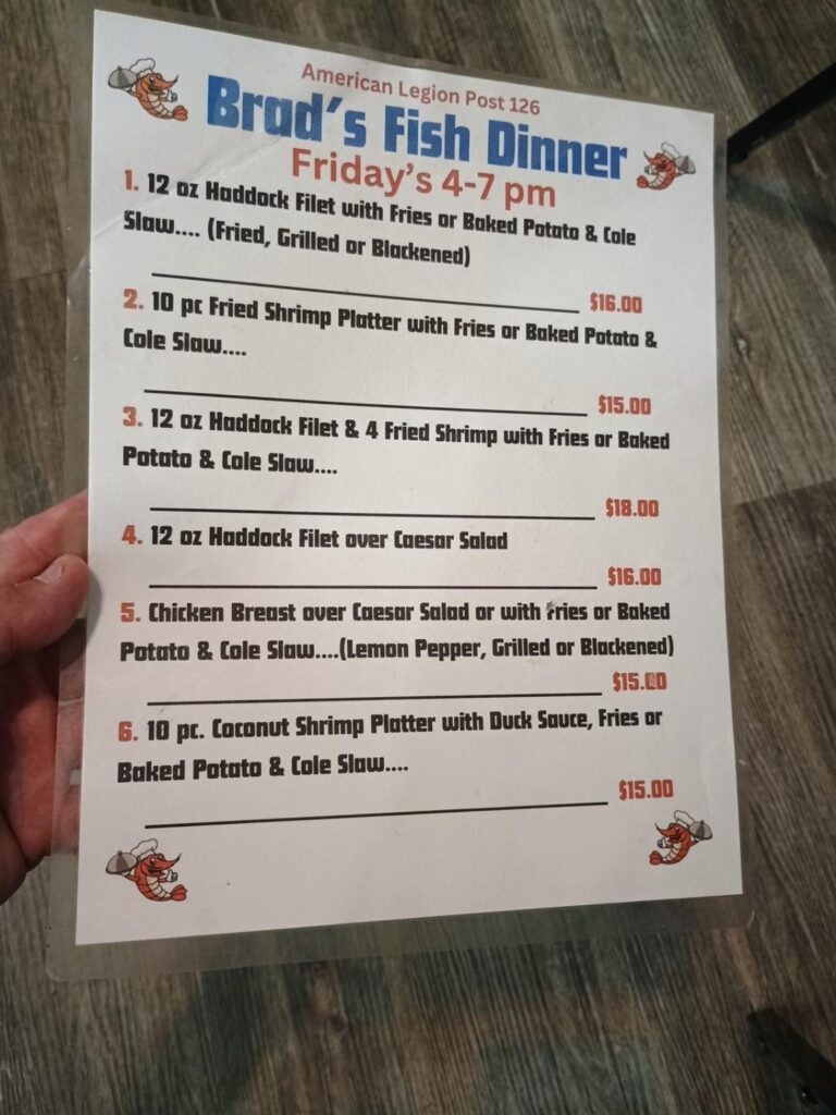 Brad's Friday Fish Dinner printed menu at American Legion Post 126, photographed October 2, 2026
